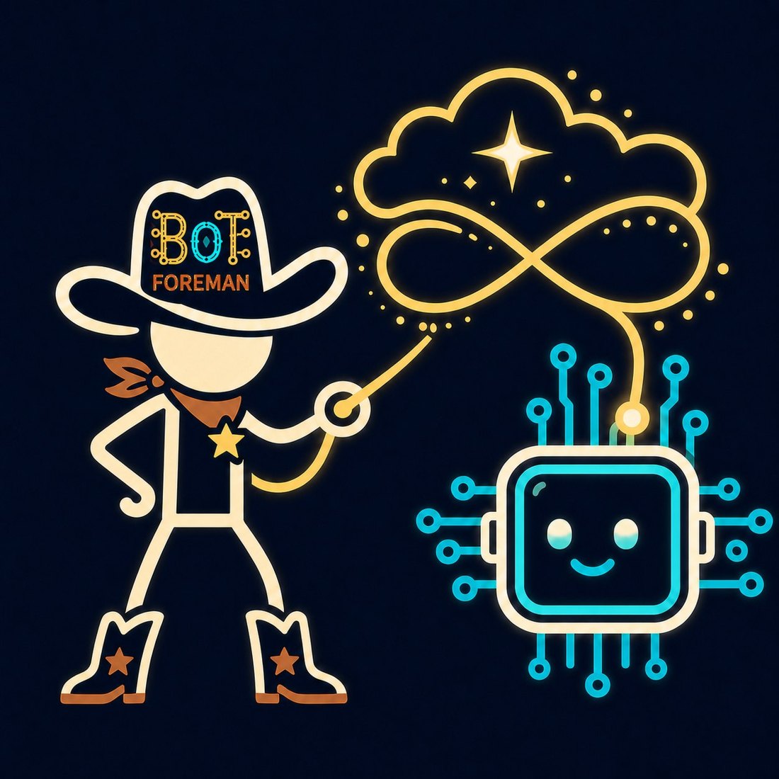 Un vaquero lazando desde la nube a un simpático robot con forma de chip