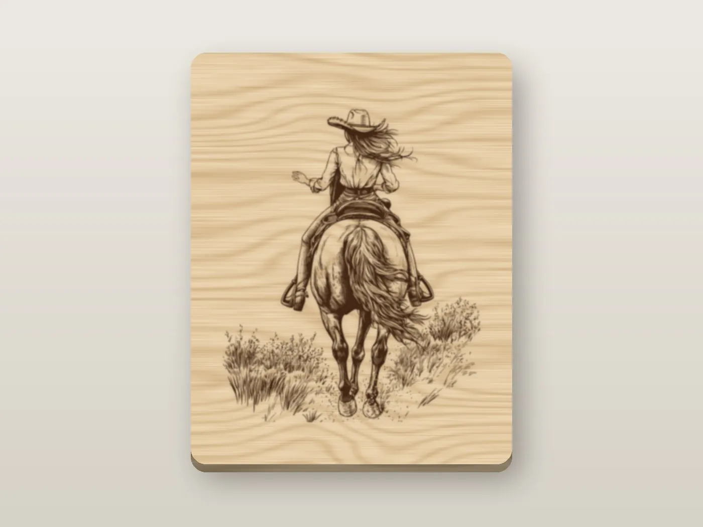 A birch plaque engraved with a cowgirl riding away through tall grass